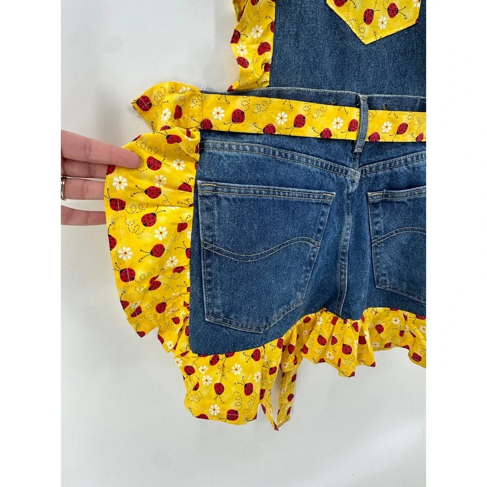 Handmade Denim Kitchen Apron Ladybug Ruffle Lee Jeans Repurposed Cottagecore